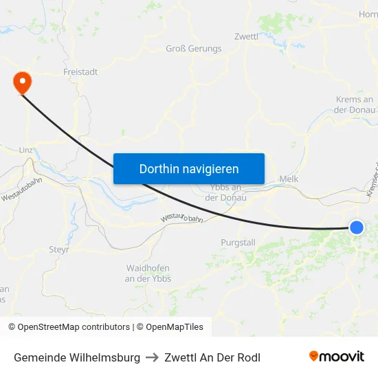 Gemeinde Wilhelmsburg to Zwettl An Der Rodl map