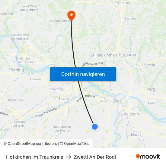 Hofkirchen Im Traunkreis to Zwettl An Der Rodl map