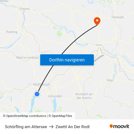 Schörfling am Attersee to Zwettl An Der Rodl map