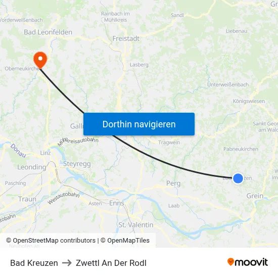 Bad Kreuzen to Zwettl An Der Rodl map