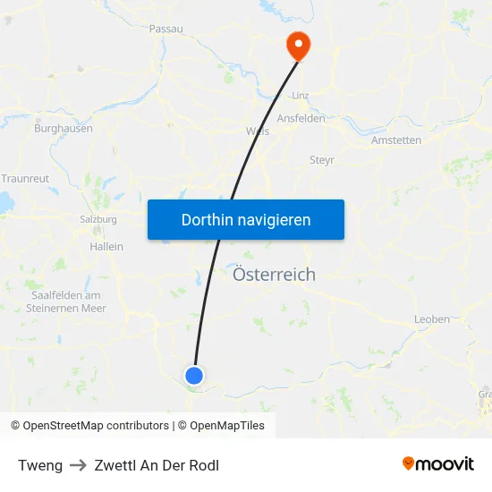 Tweng to Zwettl An Der Rodl map
