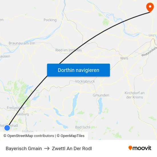 Bayerisch Gmain to Zwettl An Der Rodl map