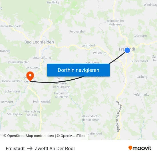 Freistadt to Zwettl An Der Rodl map