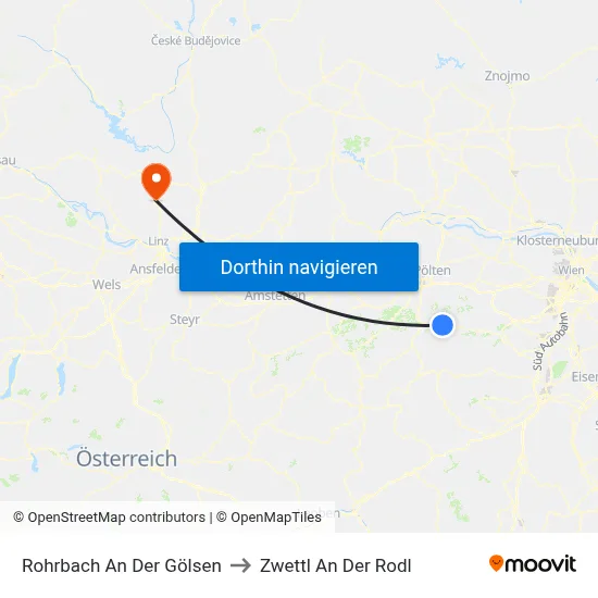 Rohrbach An Der Gölsen to Zwettl An Der Rodl map