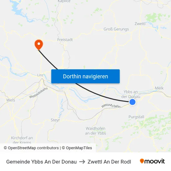 Gemeinde Ybbs An Der Donau to Zwettl An Der Rodl map