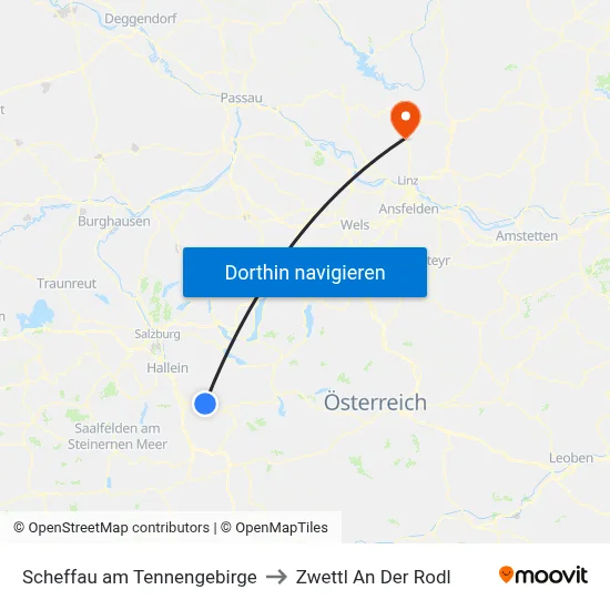 Scheffau am Tennengebirge to Zwettl An Der Rodl map