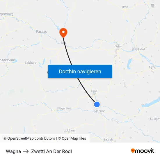 Wagna to Zwettl An Der Rodl map