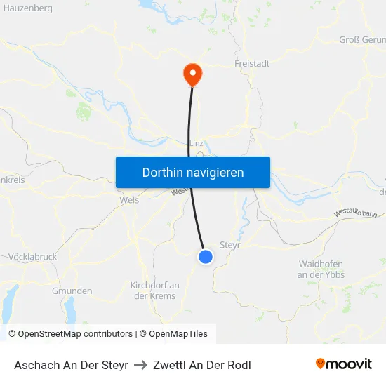 Aschach An Der Steyr to Zwettl An Der Rodl map
