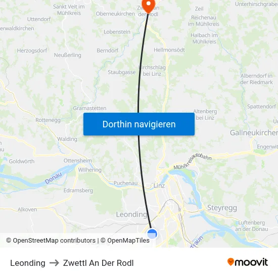 Leonding to Zwettl An Der Rodl map