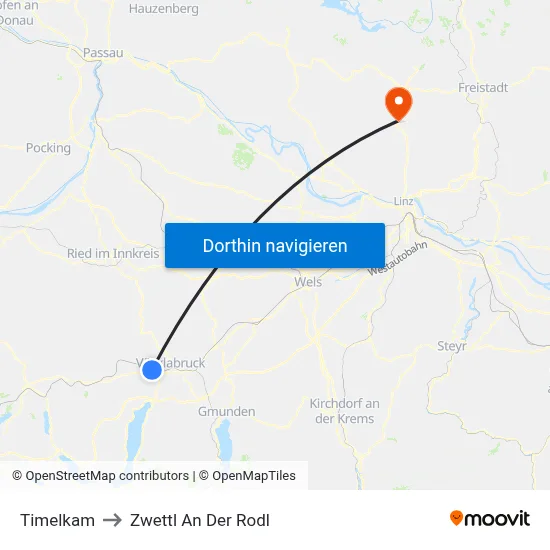 Timelkam to Zwettl An Der Rodl map