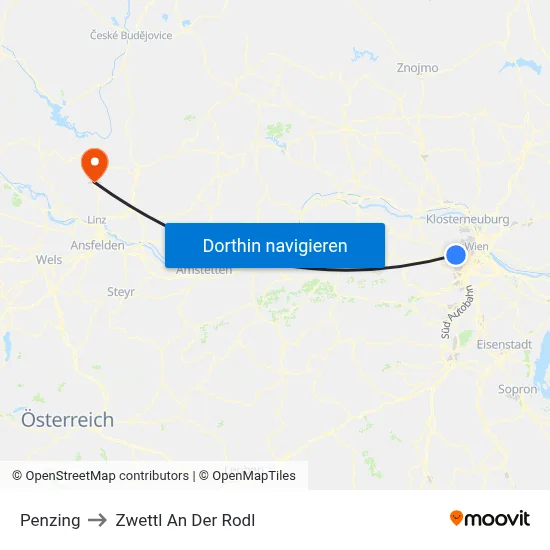 Penzing to Zwettl An Der Rodl map