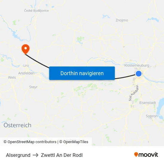 Alsergrund to Zwettl An Der Rodl map