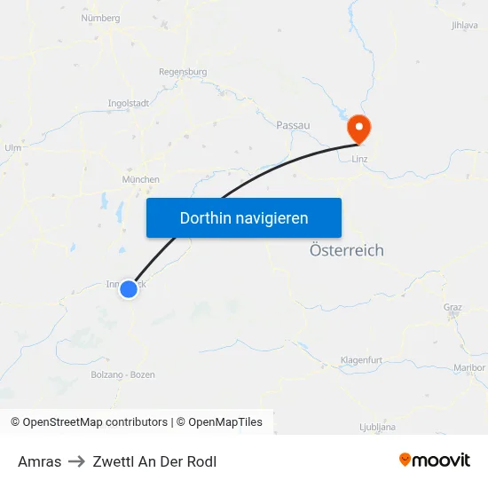 Amras to Zwettl An Der Rodl map