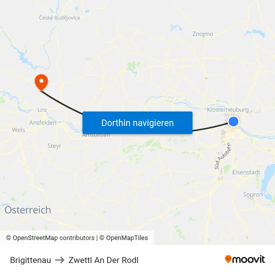 Brigittenau to Zwettl An Der Rodl map