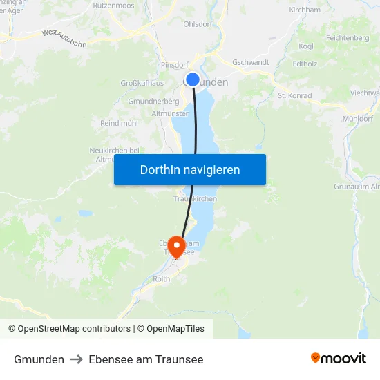 Gmunden to Ebensee am Traunsee map