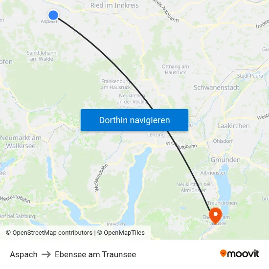 Aspach to Ebensee am Traunsee map