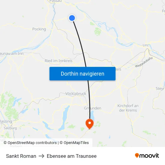 Sankt Roman to Ebensee am Traunsee map