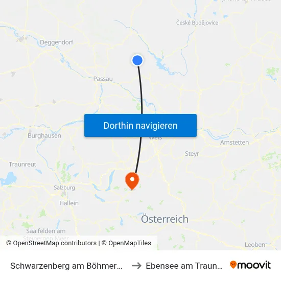 Schwarzenberg am Böhmerwald to Ebensee am Traunsee map