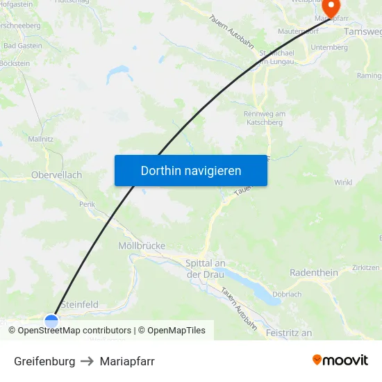 Greifenburg to Mariapfarr map
