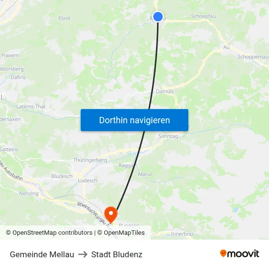 Gemeinde Mellau to Stadt Bludenz map