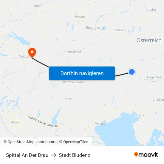 Spittal An Der Drau to Stadt Bludenz map
