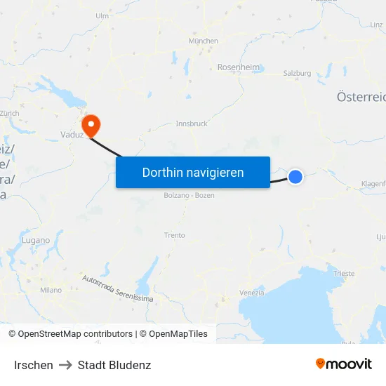 Irschen to Stadt Bludenz map