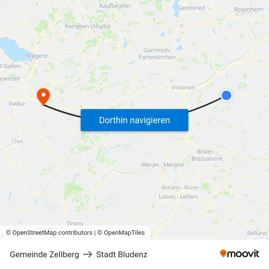 Gemeinde Zellberg to Stadt Bludenz map