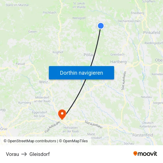 Vorau to Gleisdorf map