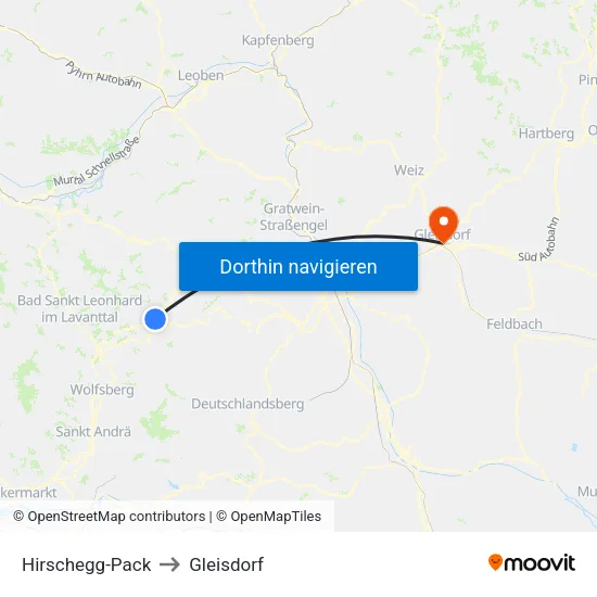 Hirschegg-Pack to Gleisdorf map
