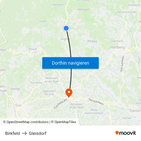 Birkfeld to Gleisdorf map