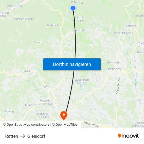 Ratten to Gleisdorf map