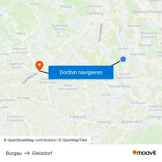 Burgau to Gleisdorf map