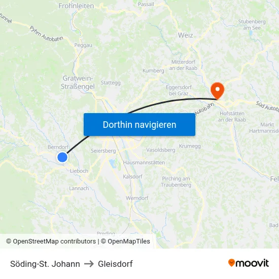 Söding-St. Johann to Gleisdorf map