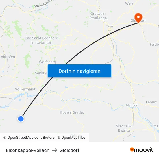 Eisenkappel-Vellach to Gleisdorf map