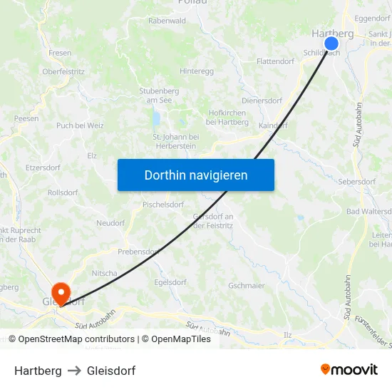 Hartberg to Gleisdorf map