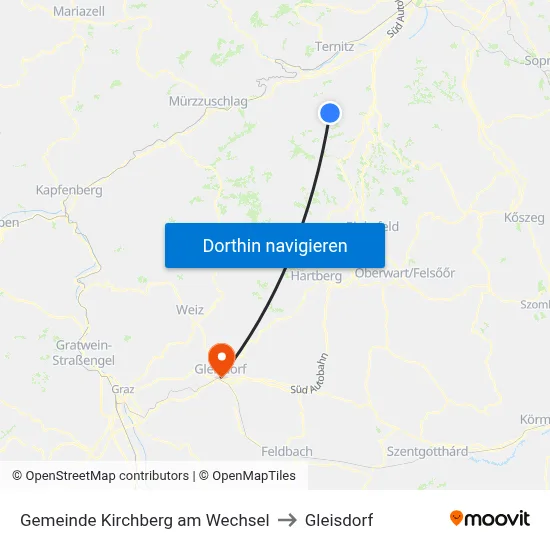 Gemeinde Kirchberg am Wechsel to Gleisdorf map