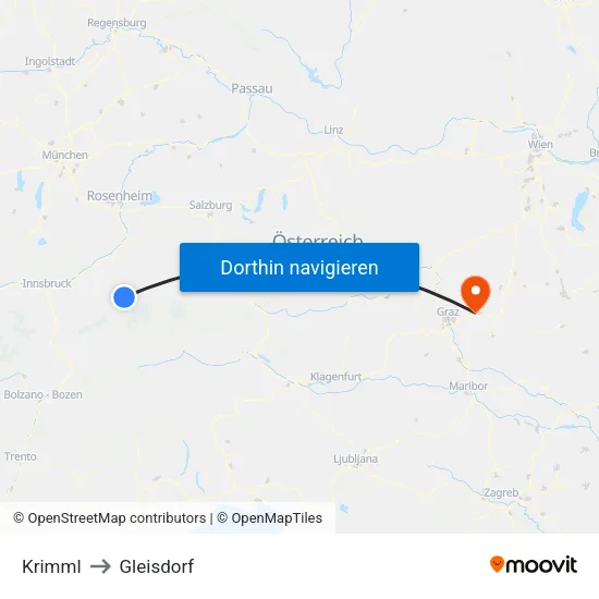 Krimml to Gleisdorf map