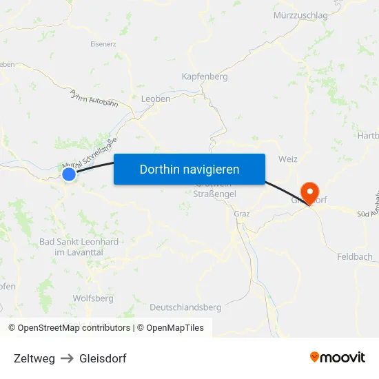 Zeltweg to Gleisdorf map