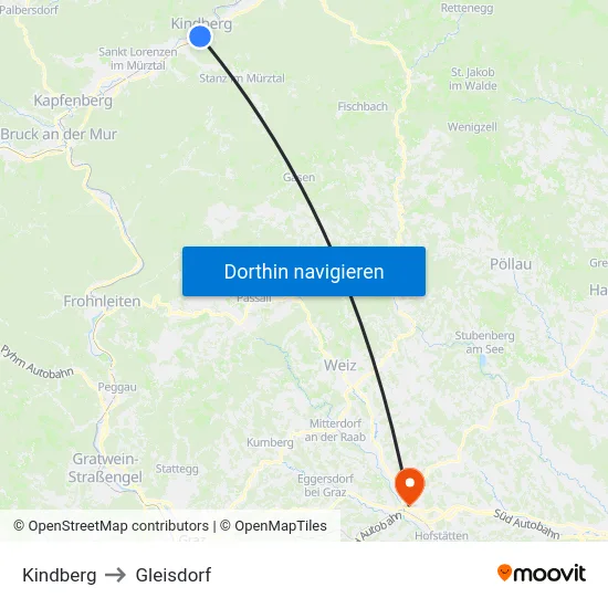 Kindberg to Gleisdorf map
