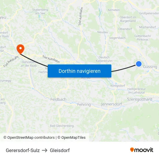 Gerersdorf-Sulz to Gleisdorf map
