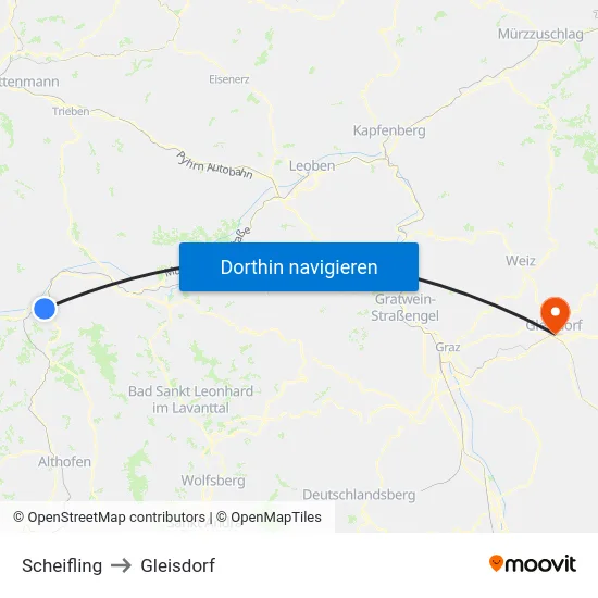 Scheifling to Gleisdorf map