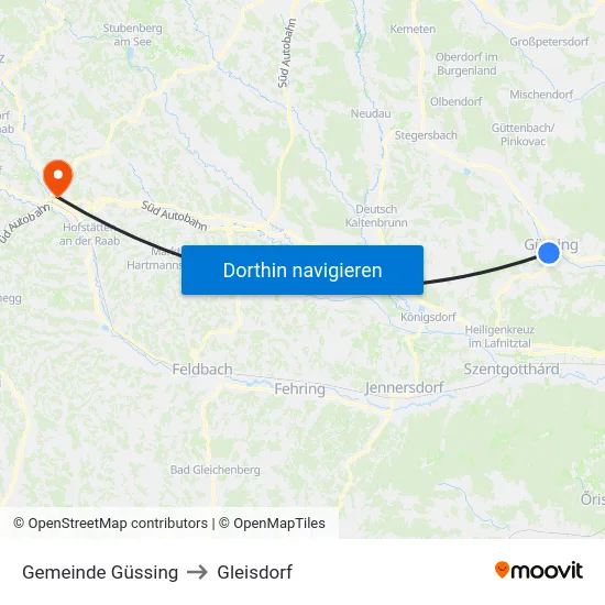 Gemeinde Güssing to Gleisdorf map