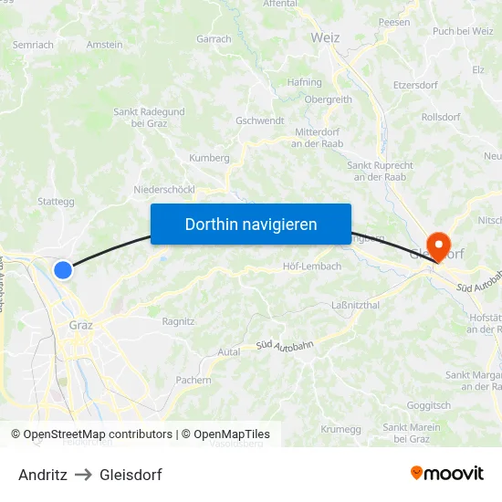 Andritz to Gleisdorf map