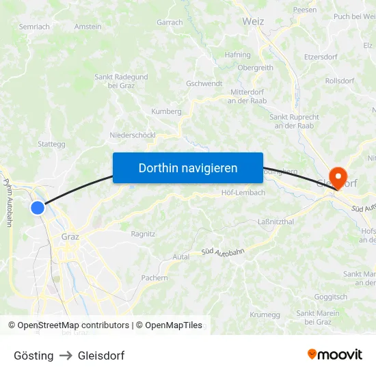 Gösting to Gleisdorf map