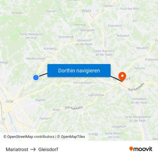 Mariatrost to Gleisdorf map