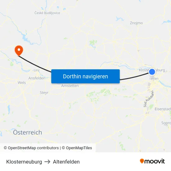Klosterneuburg to Altenfelden map