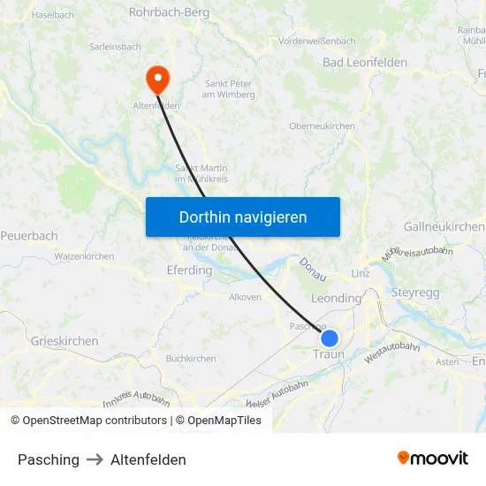 Pasching to Altenfelden map