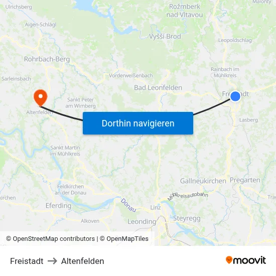 Freistadt to Altenfelden map