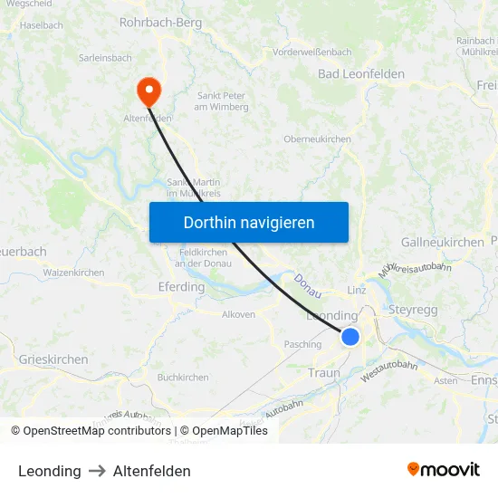 Leonding to Altenfelden map