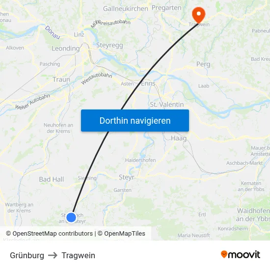 Grünburg to Tragwein map
